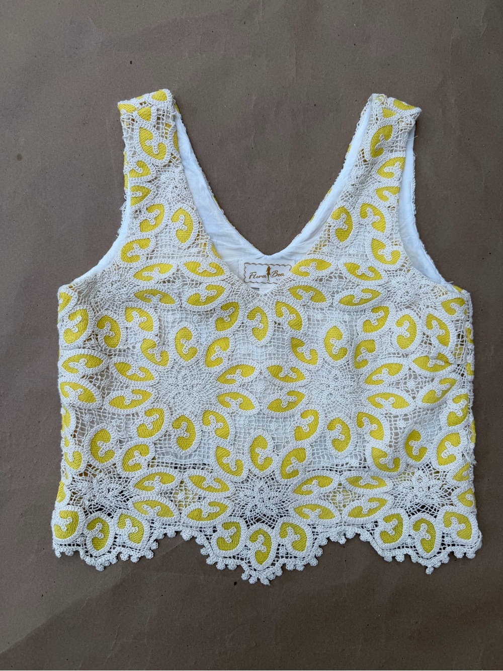 Floral Bee White & Yellow Crochet Lace Tank Top